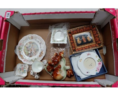 A collection of pottery to include Wedgwood Etruscan dance, boxed Wedgwood picture frame,Old Country Rose clock, Royal Doulto