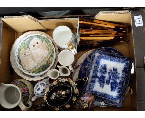 A collection of pottery to include Hand painted floral plates, commemorative plates, Carleton ware floral blue cheese dish, b