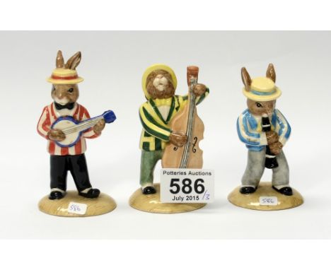 Royal Doulton Bunnykins figures Banjo Players DB182, Double bass player DB185, Clarinet Player DB184 and Saxophone Player fro