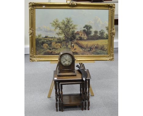 Dark oak nest for three tables and mantel clock, bermese knife and a large framed landscape picture etc