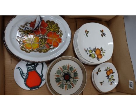 A collection of pottery to include 4 Midwinter Stonehenge Platters, 12 Midwinter Stylecraft Plates, 2 Langley Pottery Dishes 