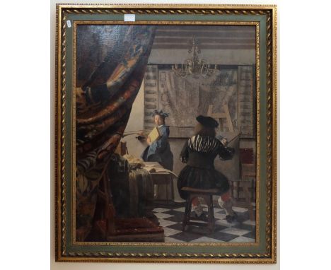 Large touched in print on canvass Jan Vermeer The Artists studio in gilt frame with wood easel  (2)