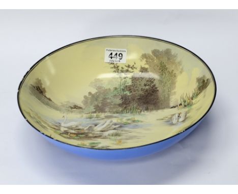 Shelley bowl (30cm) with decoration of swans on water (light paint chips to rim)