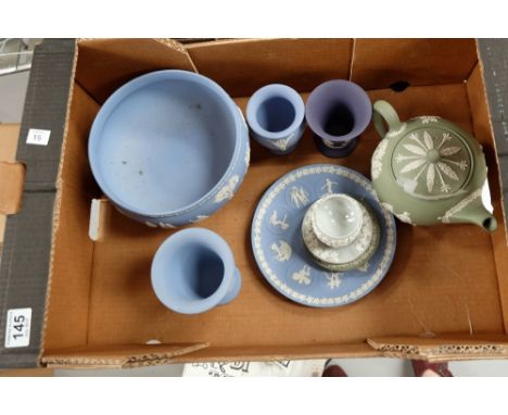 A collection of Wedgwood Jasperware items including large footed fruit bowl, sage green teapot, pin dishes, vases etc