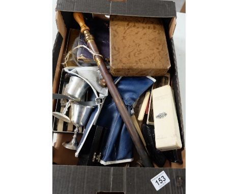 A collection of various items including boxed knife, fork and soon sets, old fashioned irons , tool set , stirrup pump etc