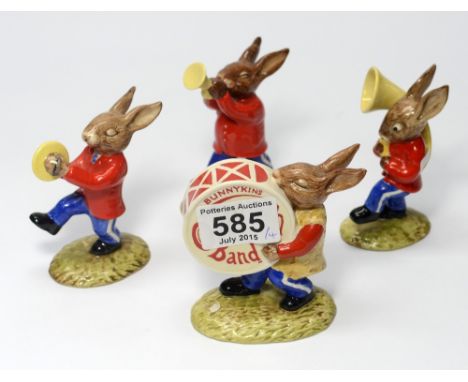 Royal Doulton Bunnykins Oompah Band comprising Drummer DB26 (nip to ear), Cymbals DB25, Sousaphone DB23 and Trumpeter DB24, w