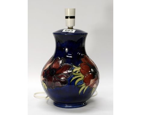 Moorcroft large lamp base decorated in the Anemone design, overall height 33cm