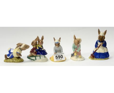 Royal Doulton Bunnykins Figures Jogging DB22, Sleigh Ride DB4, Clean Sweep DB6, Girl Skater DB152 and Seaside Bunnykin DB177 