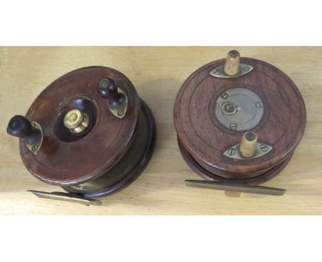 Two vintage wooden and brass fishing reels, (2)   