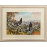 Carl Donner (born 1957), "Black game on a stone wall", watercolour, signed lower right, 37 x 56cm