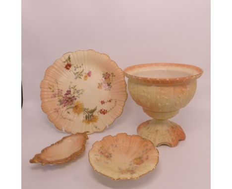 Four Blush Ivory Items, one footed flower bowl, cabinet plate, footed pin dish and one rococo form pin dish. Three painted wi