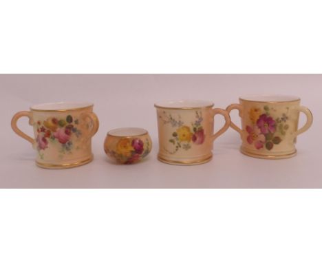 Royal Worcester, Four Miniature Blush Ivory items, includes two tygs, a mug and a small planter. Painted with Floral Sprays. 