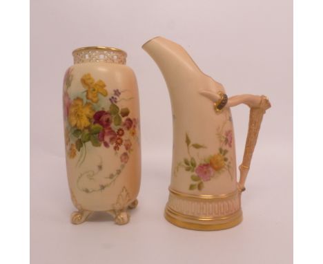 Royal Worcester, Two Blush Ivory Items, one Jug with moulded horn handle and another cylindrical example. Painted with Floral