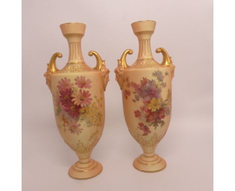 Royal Worcester, Pair of Blush Ivory Vases of Baluster Form. Painted with Floral Sprays having moulded classical female handl