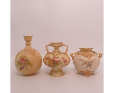 Royal Worcester, Three Blush Ivory Vases of Globular Form. Painted with Floral Sprays. Printed Royal Worcester backstamps to 