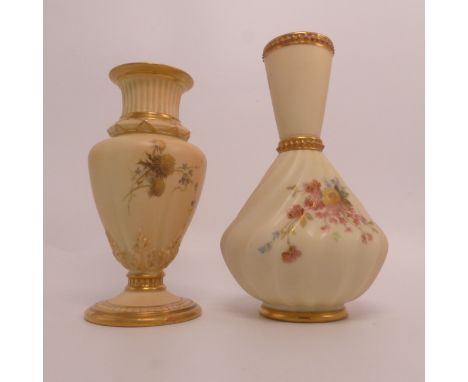 Royal Worcester, Two Blush Ivory Porcelain Vases. Painted with Floral Sprays. One green and one with puce 'Royal Worcester' b