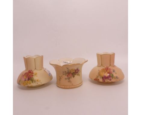 Royal Worcester, Pair of Blush Ivory Squat Vases together with a another shallow Blush Ivory Vase. Painted with Floral Sprays