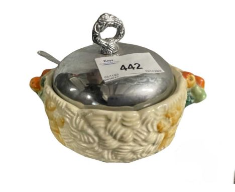 A Clarice Cliff Celtic Harvest sugar bowl with plated white metal lid