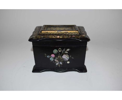 Late 19th/early 20th Century tea caddy, the black painted wooden box with mother of pearl inlay