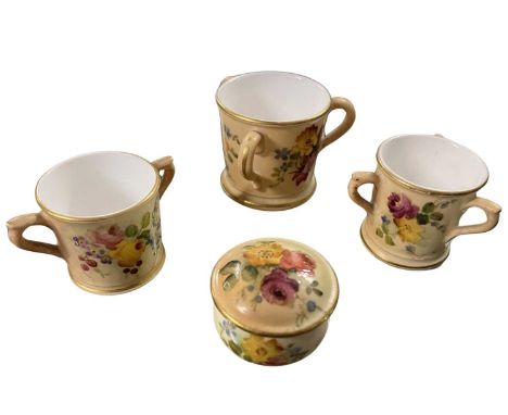 A group of 20th Century Worcester blush ground miniature wares, all painted with flowers, comprising three miniature tygs and