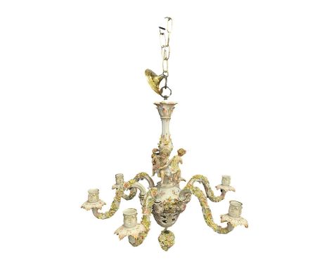 A 19th Century continental porcelain central lamp fitting or candelabra, the body with flower encrusted design below three ch