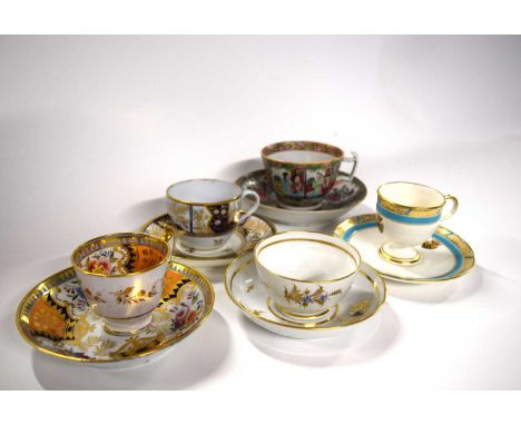 Group of English ceramic tea wares including a New Hall type cup and saucer, a Cantonese porcelain cup and saucer and a furth