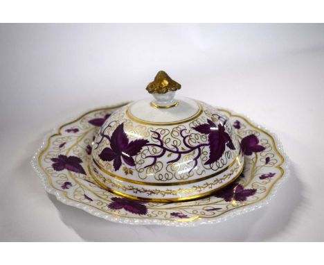 A Worcester Flight Barr &amp; Barr early 19th Century plate with muffin dish cover and gilt knop (repaired)