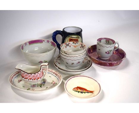 Tray containing a quantity of English late 18th Century/19th Century porcelain, New Hall cup, tea bowls, also a Yarmouth pott