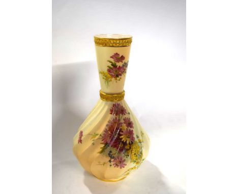 A Worcester vase of wrythen shape, the blush ground finely painted with flowers, 28cm high