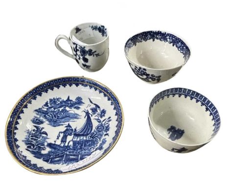 Group of English porcelain wares including a Worcester cup with the root pattern and Worcester bowls with blue printed design
