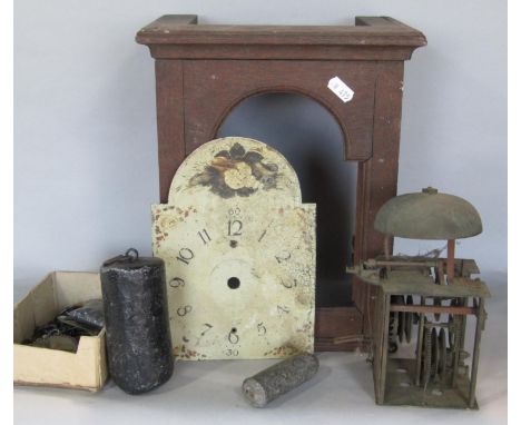 Georgian wall clock with oak hood, arched and painted dial and 30 hour movement for restoration 