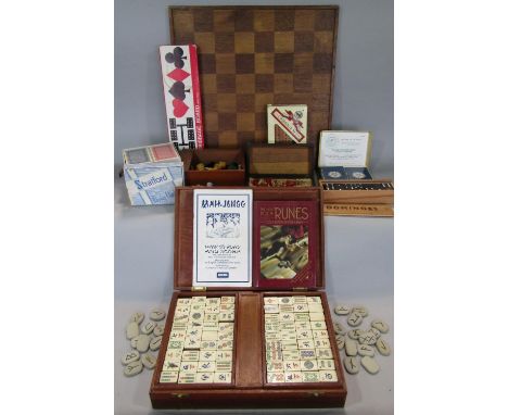 Staunton style box wood and ebony chess set, height of king 8cm, within a old mahogany games box, together with further trave