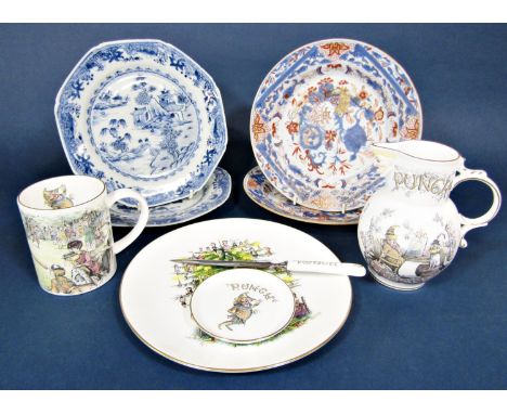 A pair of 19th century oriental plates with red and gilt detail on a blue ground, 22.5 cm approximately (both af), together w
