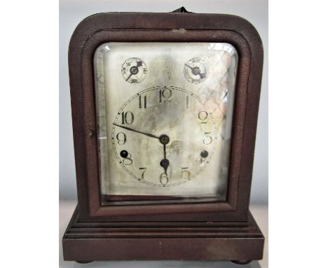 Unusual German mantle clock, the silvered dial with three train movement and two subsidiary dials, with a musical movement st