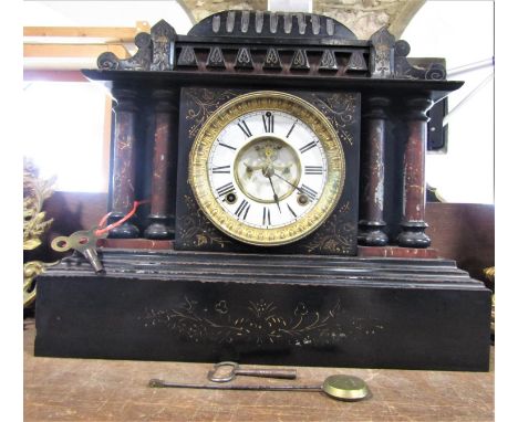 19th century black slate style, but in metal, architectural mantle clock, twin train enamelled chapter ring and open escapeme