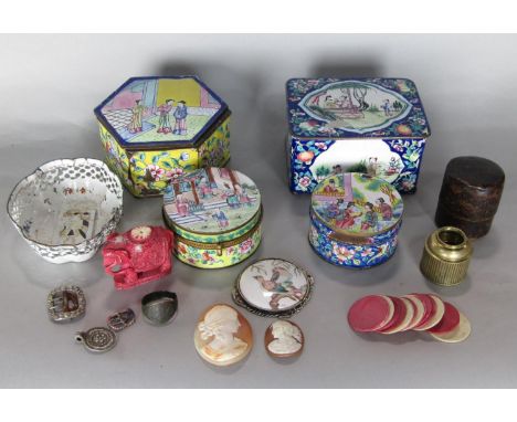 Collection of Canton cloisonné boxes, together with a further enamel box centrally decorated with the Jack of Club, cased pri