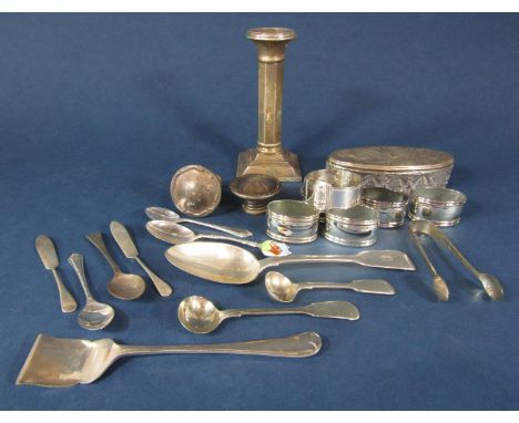 A mixed collection of cabinet silver and plate comprising a silver candlestick, a silver lidded scent jar, a silver souvenir 