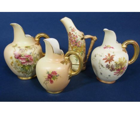 A collection of four Royal Worcester blush ivory jugs of various style comprising three flatback examples with various painte