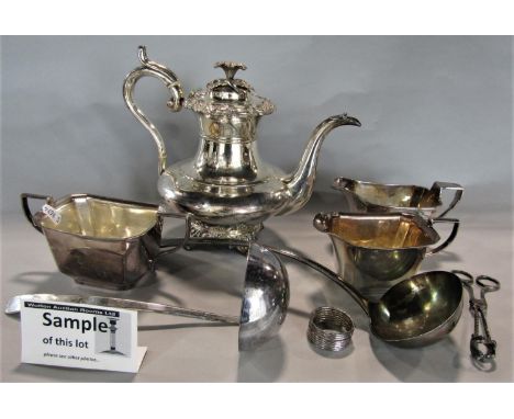 A large collection of silver plated items comprising a tapered silver plated tankard jug, a large teapot with floral mount to