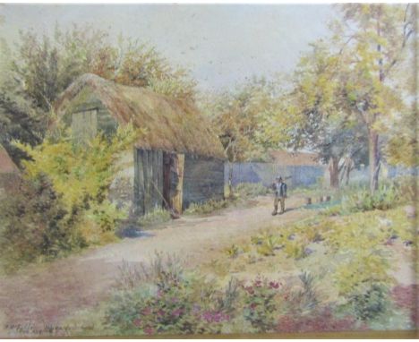 R McFadden (Late 19th century) - Hayward's Orchard, with figure, watercolour and bodycolour on paper, signed and inscribed Th