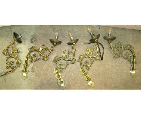 A set of five gothic style wall lights with naturalistic scrolling acorn and oak leaf branches, one lacks bracket 