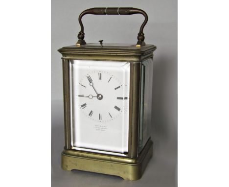 Bennett of 65 Cheapside, London, brass cased repeater carriage clock, striking on a bell, 12.5 cm high, key