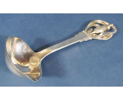 Good Danish silver ladle by W &amp; S Sorensen, mounted by a flower with art deco shoulders to the shank, 19cm long, 3oz appr