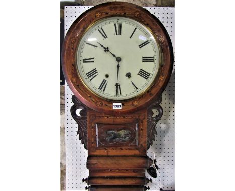 19th century parquetry inlaid drop dial twin train wall clock, the painted dial with Roman numerals, 78cm high, pendulum 