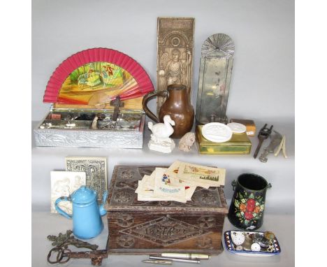 A mixed miscellaneous lot comprising a hinged oak box with carved and poker work detail of Celtic knots and flowerhead rounde