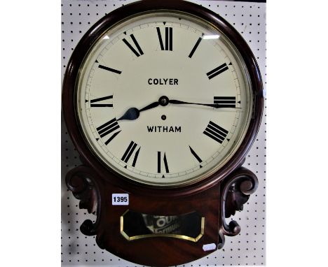 Good quality 19th century mahogany single fusee drop dial wall clock, the painted dial with Roman numerals inscribed Colyer W