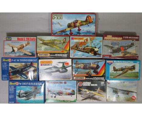 13 model aircraft kits of various WW2 aeroplanes, all appear un-started, some in sealed cellophane. Includes kits by Airfix, 