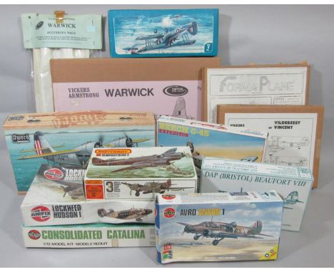 12 model aircraft kits, mostly 1:72 scale, related to WW2 maritime planes, all appear un-started, some with sealed boxes or s