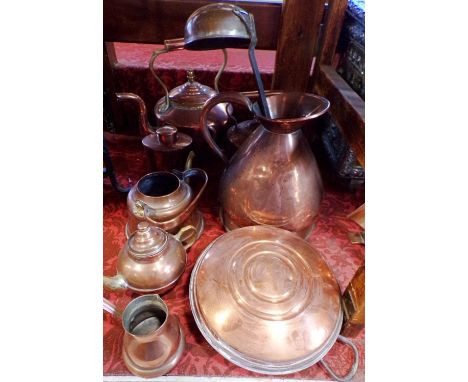 Collection of antique and later copper ware comprising four kettles, a caddy, a large jug, a ladle and others (9) 