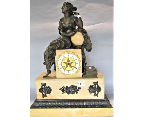 Good quality 19th century French bronze and marble figural mantle clock mounted by a seated maiden in robes with books to her